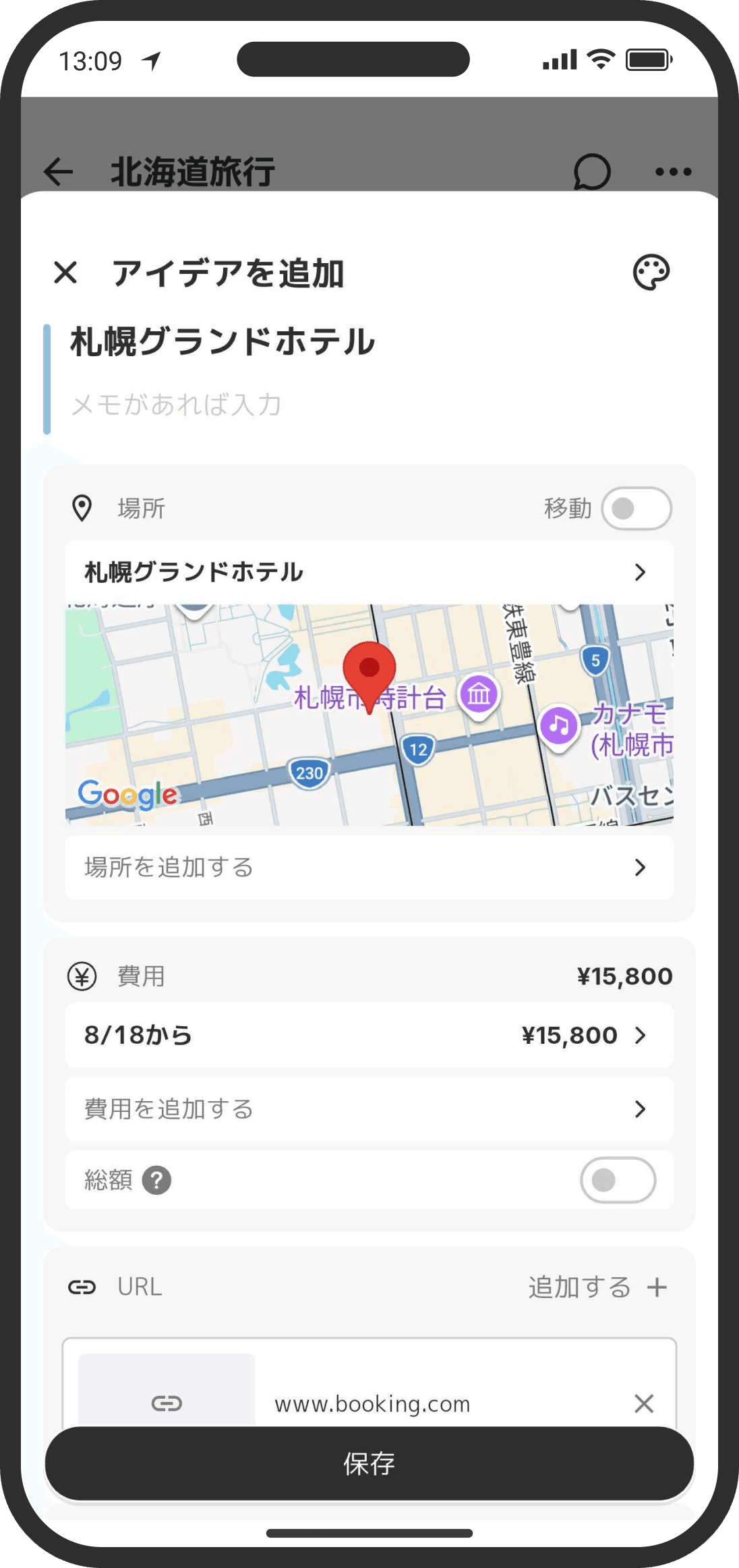 Adding an idea: set the place, cost, URL, and notes